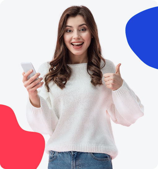 A happy young woman holding a smartphone and giving a thumbs-up, representing her satisfaction as a customer of our service.